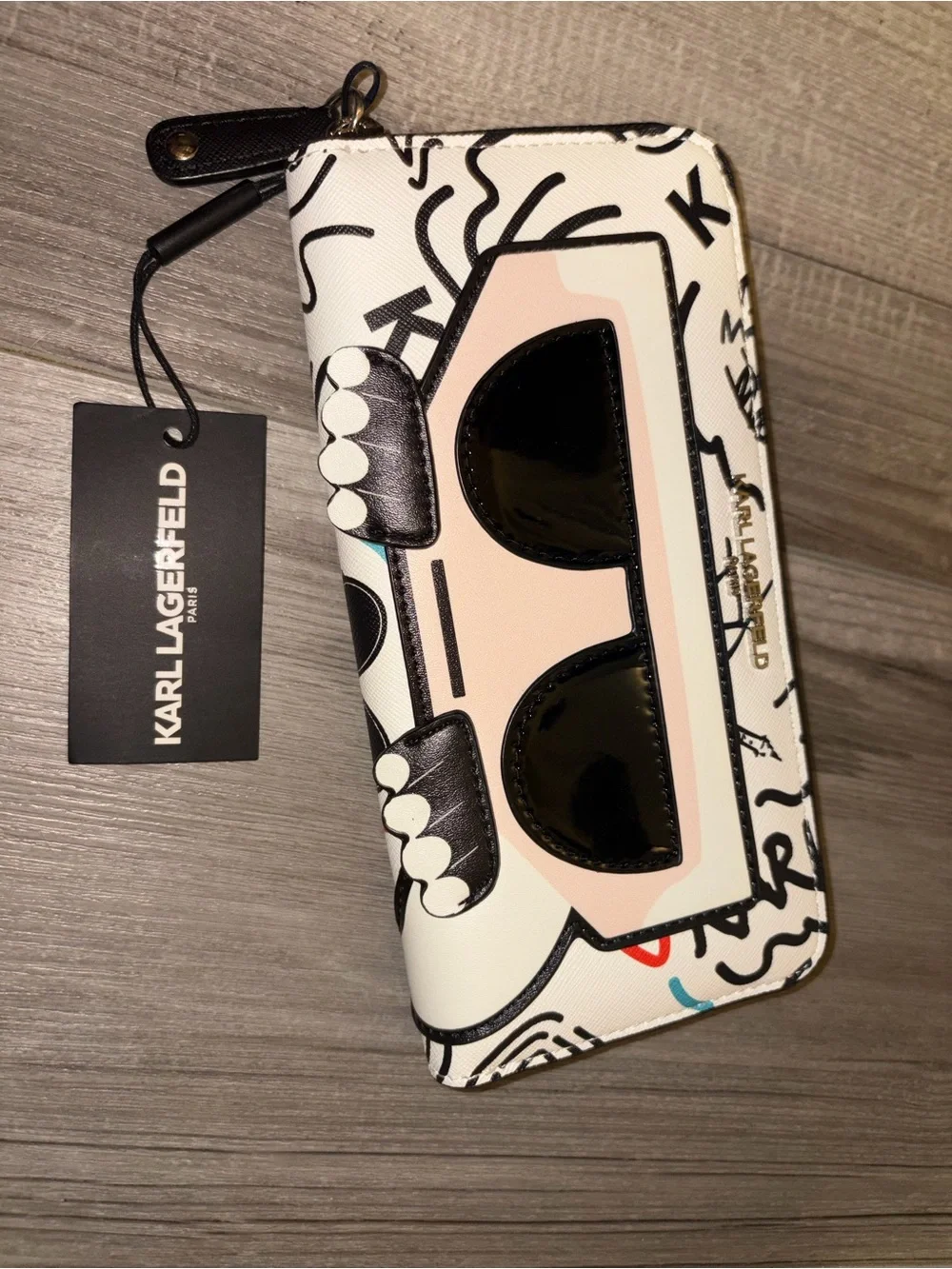 Karl Lagerfeld White Pink & Black Graphic Zip Wallet